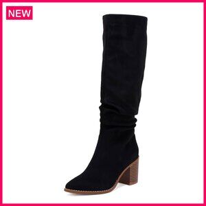Pointed Toe Knee High Boots with Chunky Heel and Side Zipper